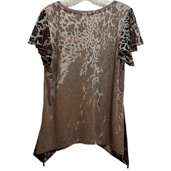 Fylo London top sharkbite sheer beading striped black tan camo flutter sleeve LG - Picture 5 of 7